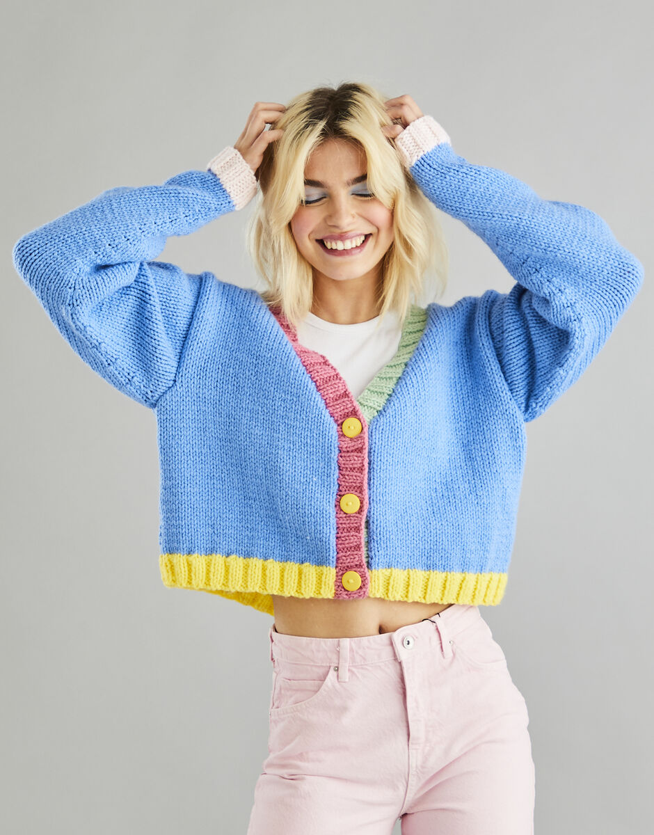 Hayfield Contrast Rib Cardigan Knitting Pattern 10600 | Bonus Chunky | Pop Art Collection