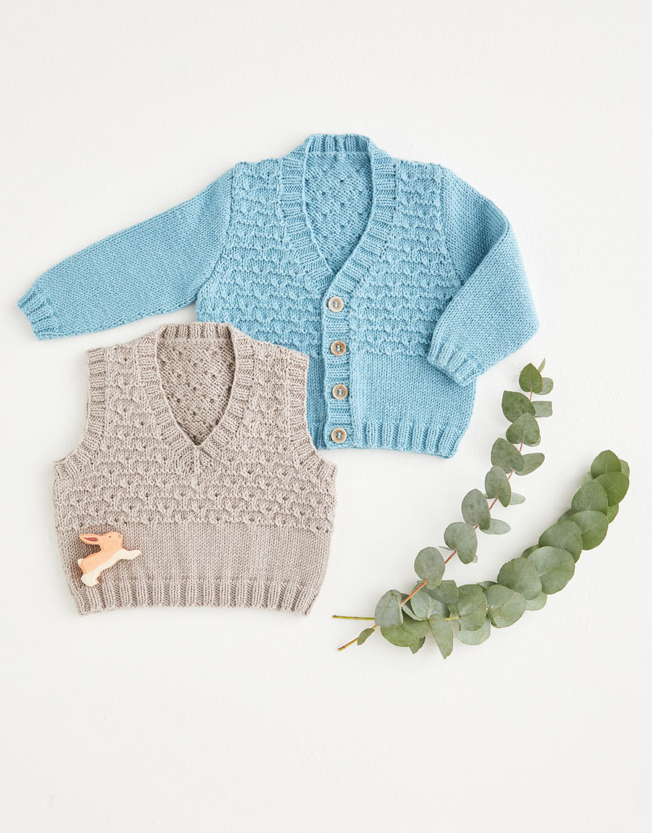 Sirdar Baby V-Neck Cardigan & Slipover Knitting Pattern 5387 | Snuggly Cashmere Merino DK