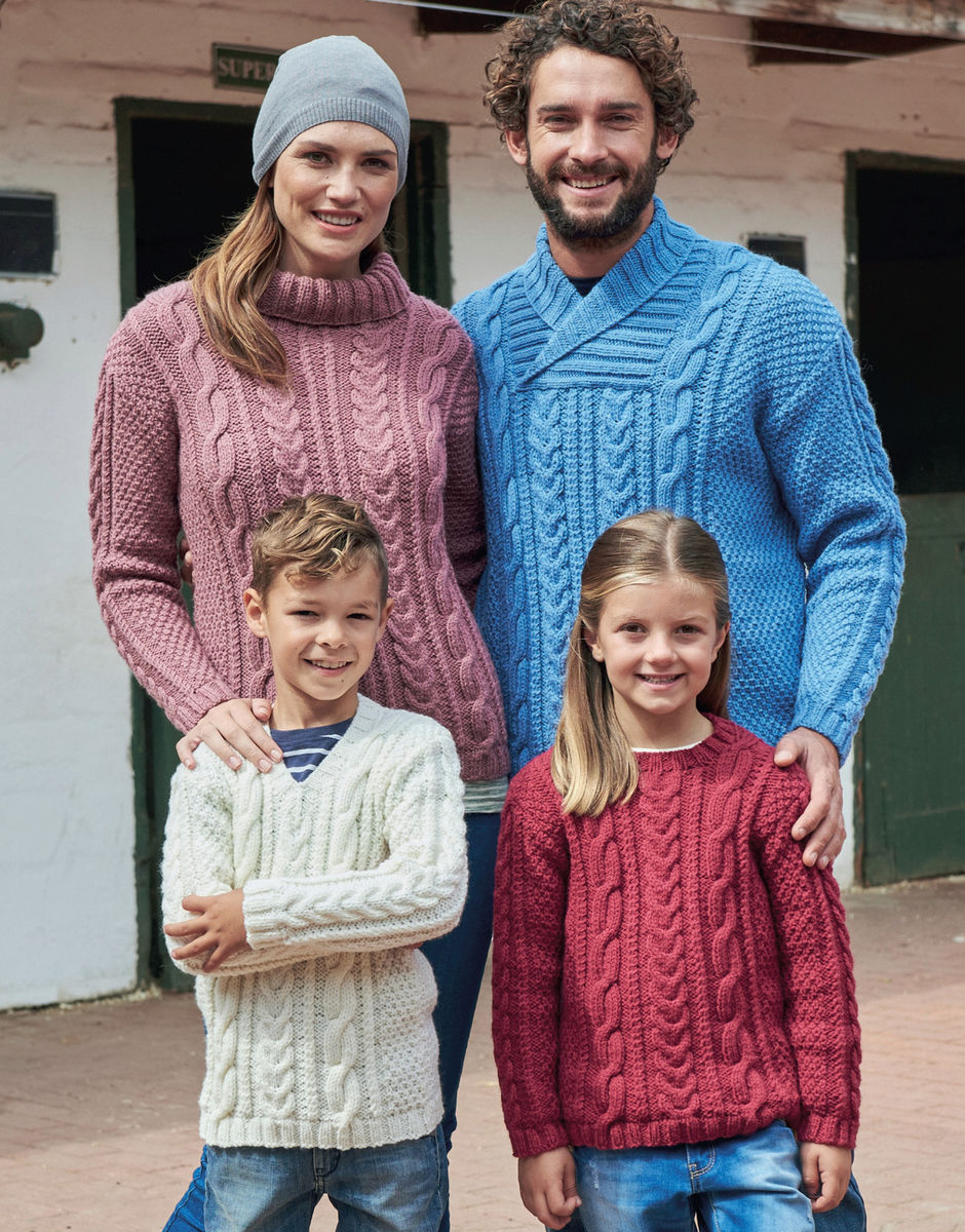Hayfield Family Sweaters Knitting Pattern 8166 | Bonus Aran | Irish Moss Stitch