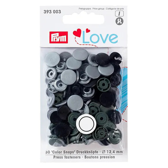 Prym Love Color Snaps Round Press Fasteners 12.4mm - Grey Tones, Pack of 30