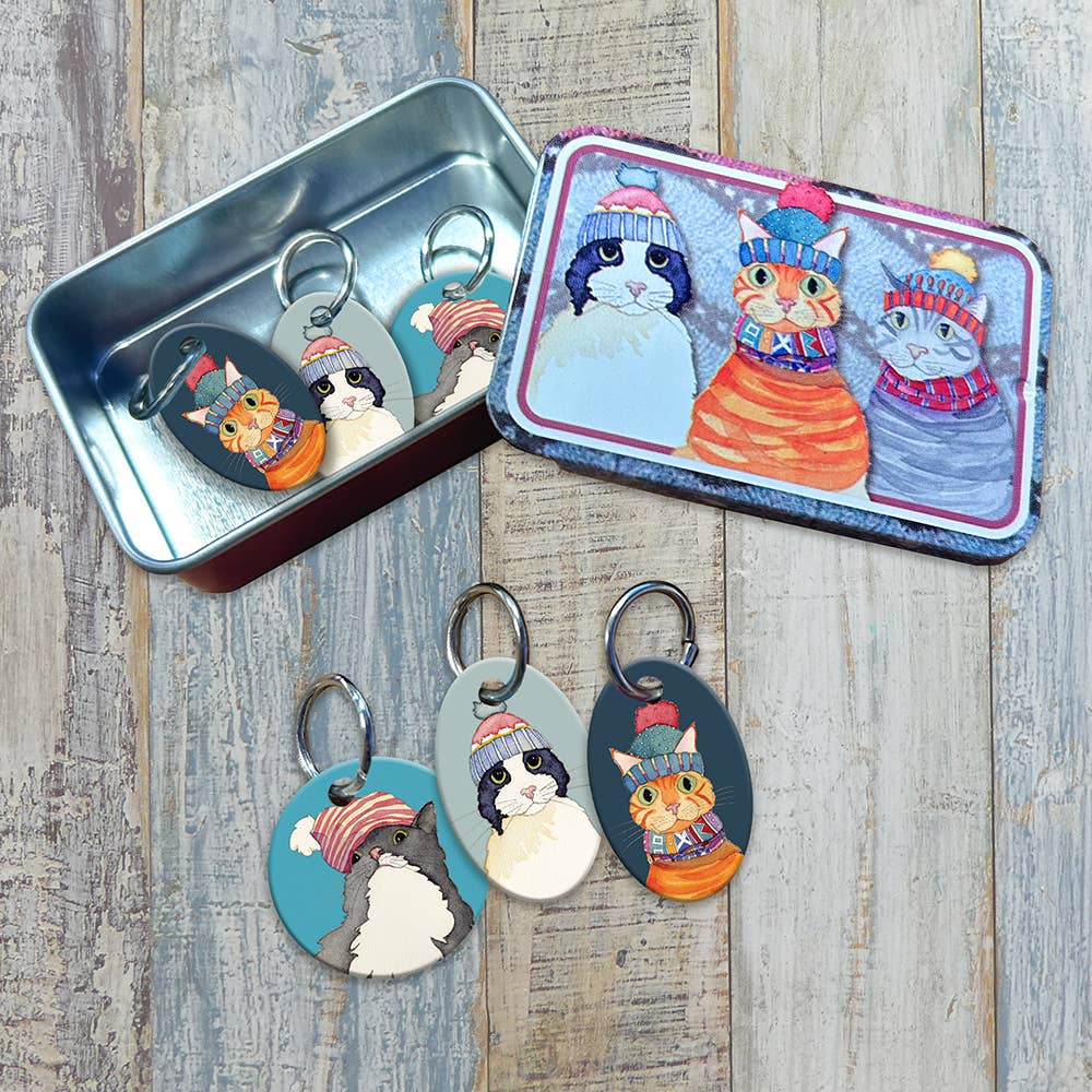 Emma Ball Cats in Hats Stitch Markers in a Tin | Set of 6 | 2cm Aluminium