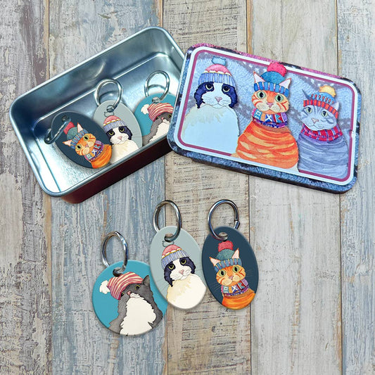 Emma Ball Cats in Hats Stitch Markers in a Tin | Set of 6 | 2cm Aluminium