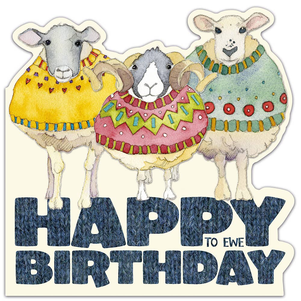 Three Sheep in Sweaters Birthday . Die Cut Card