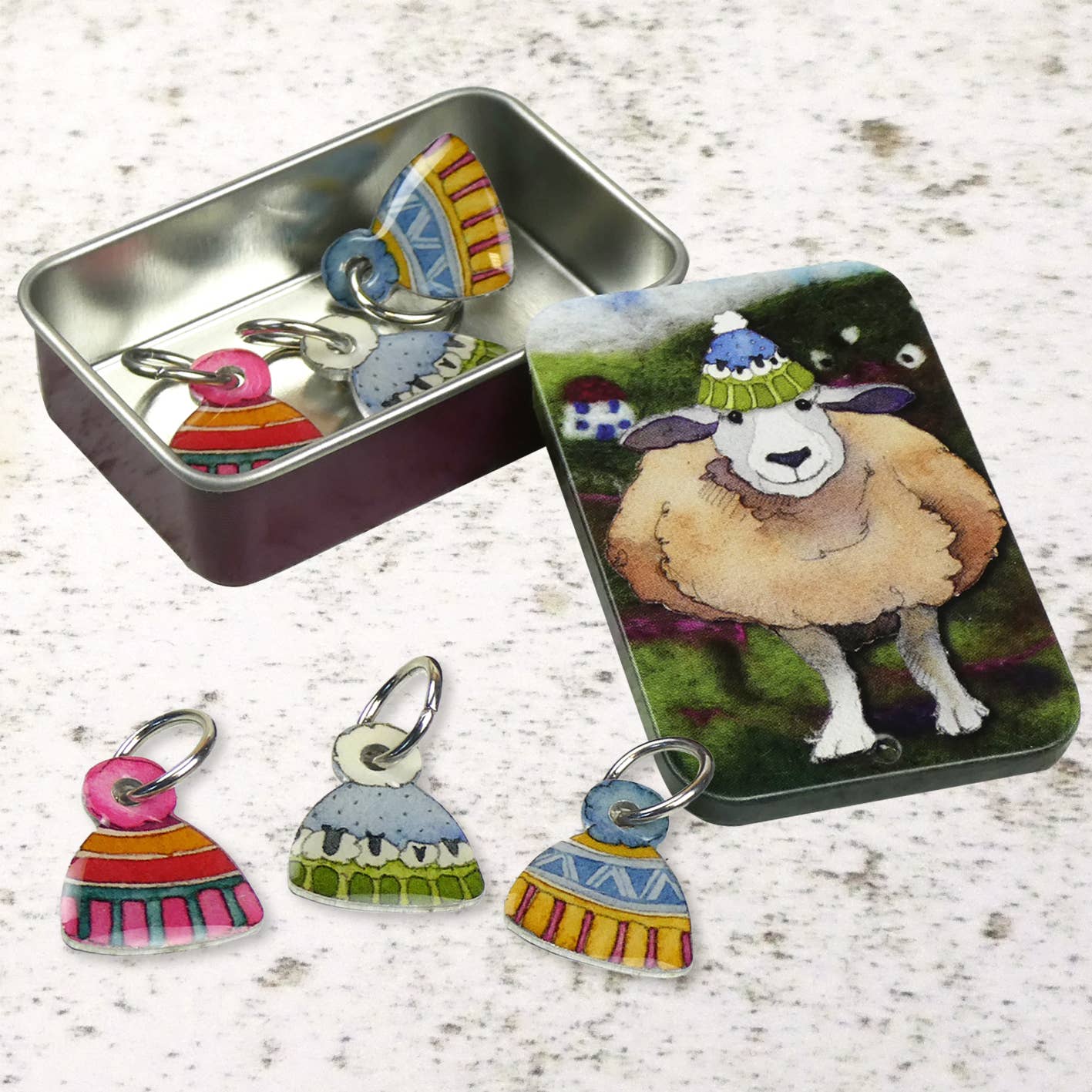Emma Ball Hats Stitch Markers in a Tin | Set of 6 | 2cm Aluminium