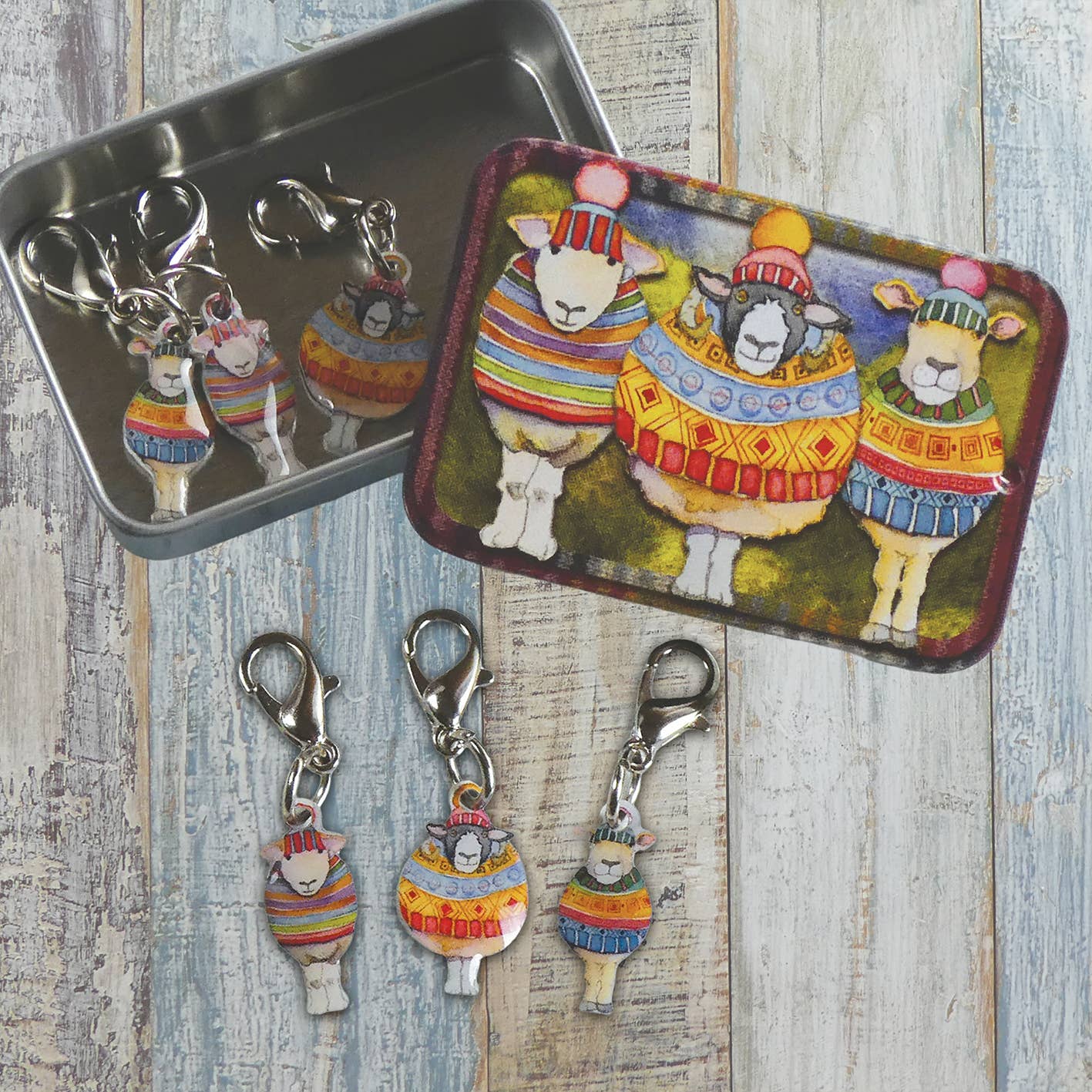 Sheep in Stripes Die-Cut Stitch Markers | Set of 6 | Pocket Tin