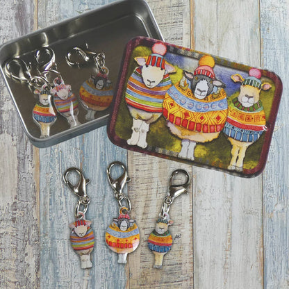 Sheep in Stripes Die-Cut Stitch Markers | Set of 6 | Pocket Tin