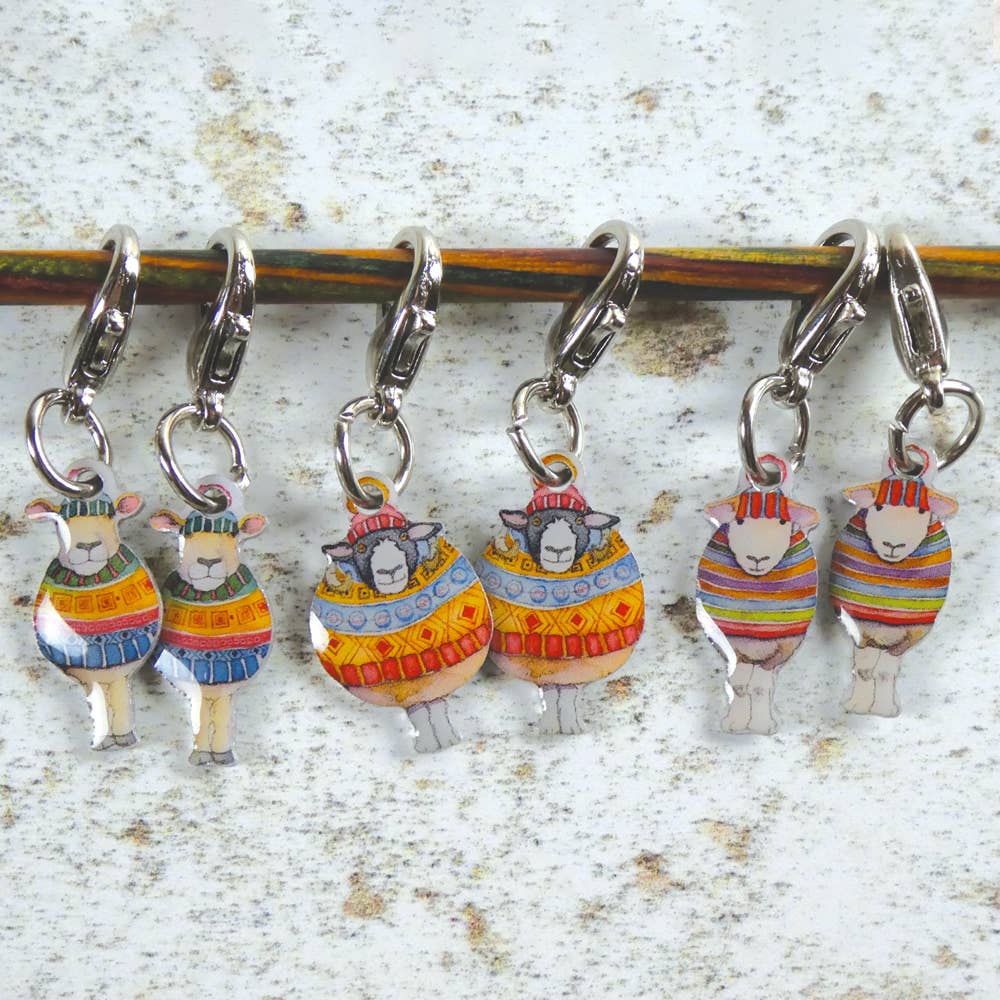 Sheep in Stripes Die-Cut Stitch Markers | Set of 6 | Pocket Tin